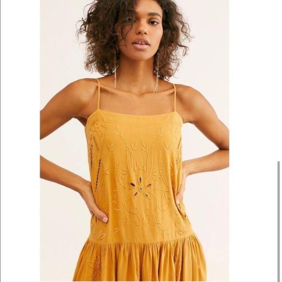 Free People Cutout Embroidered Midi Dress Mustard - Picture 3 of 4